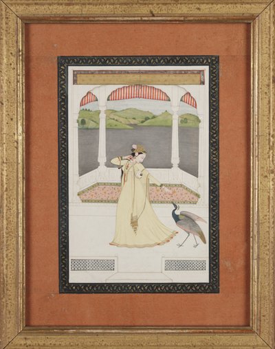 Dame lokker en påfugl med en perlestreng, ca. 1800 (gouache og guld på papir) af Indian School