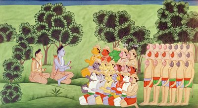 Lakshmana konsulterer lederne af abehærene, fra Ramayana af Indian School