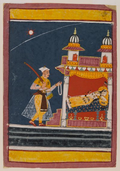 Lalita Ragini, ca. 1650 (wc & guld på papir) af Indian School