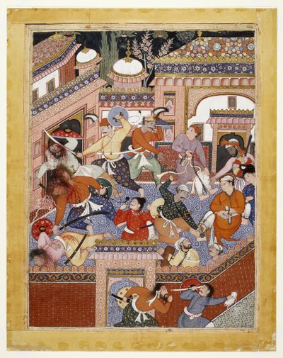 Anført af Songhur Balkhi og Lulu spionen, skar ayyarerne struben over fængselsvogterne og Free Said Farrukh-Nizhad, 1557 - 1572 (ugennemsigtig akvarel og guld på bomuldsklud) af Indian School