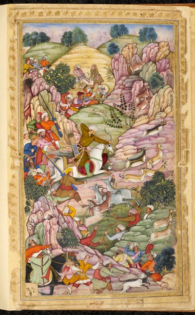 Kejser Babur på jagt, mellem Ali Shang og Alangar, i regionen Kabul (Afghanistan). Miniature fra det persiske manuskript Vaqi at i Baburi, Memoirs of Mughal Emperor Babur (Zahir ud din Muhammad) (1483-1530), Indien, ca. 1590. The British Libra af Indian School