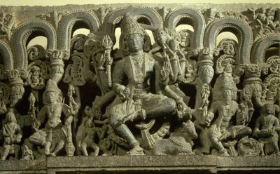 Overligger, der afbilder Treenigheden: Siva, Brahma og Vishnu, Warangal, Kakatiya af Indian School