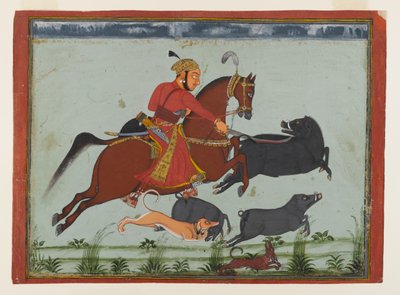 Maharaja Pratap Singh II af Mewar Hunting Boar, ca. 1750-75 (akvarel, guld og sølv på papir) af Indian School