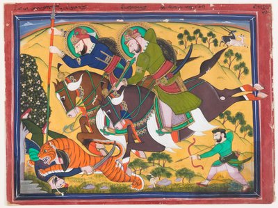 Maharaja Ram Singh på jagt efter en tiger, anden fjerdedel af det 19. århundrede (akvarel på papir) af Indian School