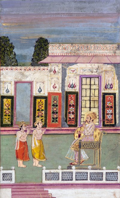 Maharaja Sawai Jai Singh mødt af to kronede mænd, ca. 1735 (ugennemsigtigt wc & guld på papir) af Indian School