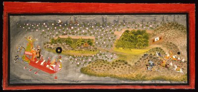 Maharana Jagat Singh II hawking og ornejagt, ca. 1740 (ugennemsigtig w/c, sølv og guld på papir, monteret på en albumside) af Indian School
