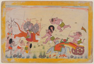 Mahasura angriber Devi, folio fra en spredt Devi Mahatmya-serie, ca. 1770-80 (wc på papir) af Indian School