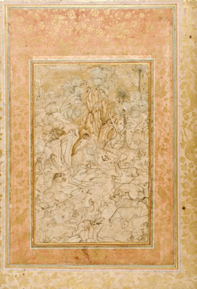 Majnun i ørkenen, ca. 1595 (ugennemsigtigt wc & guld på papir) af Indian School