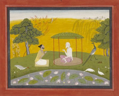 Markandeya henviser Jaimuni til de fire vise fugle, ca. 1800-20 (ugennemsigtigt wc på papir, forhøjet med guld) af Indian School