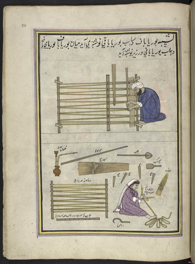 Måttemager og hans kone laver måtter af flækkede siv,  86 tegninger indbundet i et bind, der viser håndværk og erhverv i Kashmir, håndværkere vises i arbejde med deres redskaber og udstyr,  Af en Kashmir-kunstner, sandsynligvis i Srinagar, ca. 1850-60 (gou af Indian School