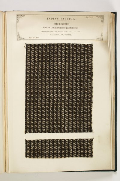 Materiale til Pantaloons, Loodiana, Punjab, stykkevarer, fra The Collection of the Textile Manufacturers of India, af John Forbes Watson, udgivet i 1866 af Indian School