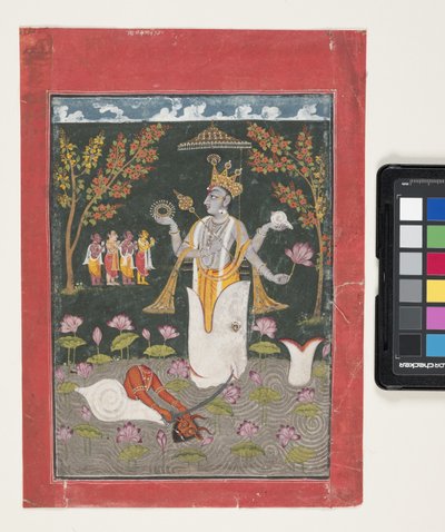 Matsya Avatar Of Vishnu: The Slaying Of Sankh Asura (gouache og bladguld på papir) af Indian School