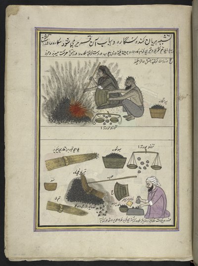 Mænd og kvinder rister vandkastanjer,  86 tegninger indbundet i et bind, der viser håndværk og erhverv i Kashmir, håndværkere vises i arbejde med deres redskaber og udstyr,  Af en Kashmir-kunstner, sandsynligvis i Srinagar, ca. 1850-60 (gouache på papir af Indian School