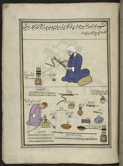 Mænd, der dækker vandpibe-slanger med tråd og tråd,  86 tegninger indbundet i et bind, der viser håndværk og erhverv i Kashmir, håndværkere vises i arbejde med deres redskaber og udstyr,  Af en Kashmir-kunstner, sandsynligvis i Srinagar, ca. 1850-60 (gouac af Indian School