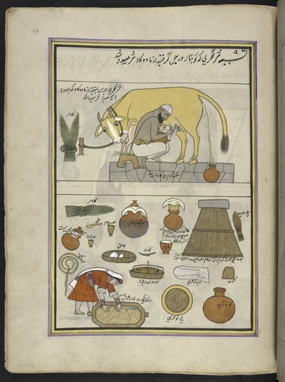 Mælkemand fra Gujar-kasten og hustru,  86 tegninger indbundet i et bind, der viser håndværk og erhverv i Kashmir, håndværkere vises i arbejde med deres redskaber og udstyr,  Af en Kashmir-kunstner, sandsynligvis i Srinagar, ca. 1850-60 (gouache på papir) af Indian School