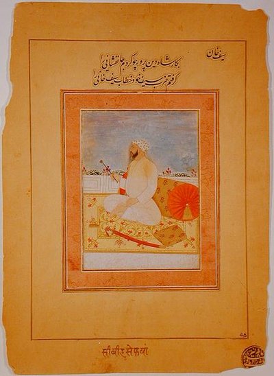 Miniature af Saif Khan, guvernør i Agra, indisk, ca. 1670-80 (ugennemsigtige mineralske pigmenter på brunfarvet papir) af Indian School