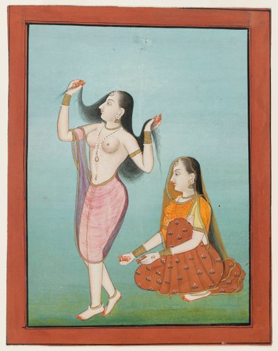 Miniaturemaleri af en dame ved hendes toilet (ugennemsigtigt toilet og guld på papir) af Indian School