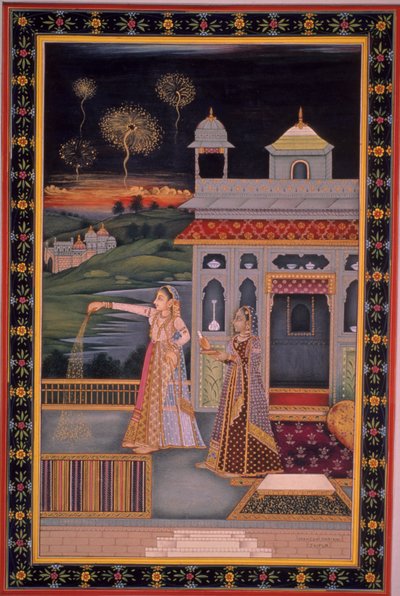 Miniaturemaleri af dame, der fejrer Diwali-festivalen, Indien (akvarel på papir) af Indian School