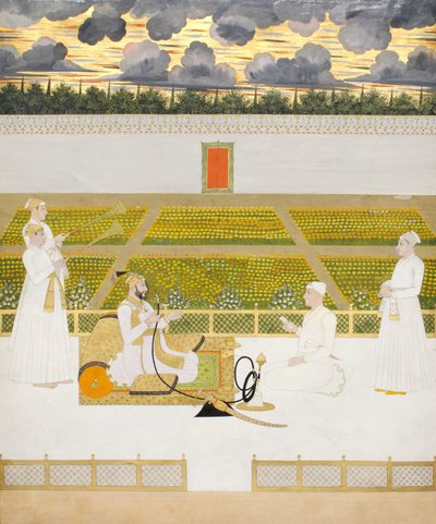 Mir Jaffar, Nawab af Murshidabad, med en hofmand og ledsagere, ca. 1760 (ugennemsigtigt wc & guld på papir) af Indian School