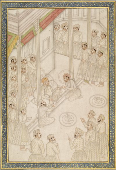 Mughal-kejser Akbar holder domstol under hans sidste sygdom, midten af 1700-tallet (albumblad; pigment med guld på poleret papir) af Indian School