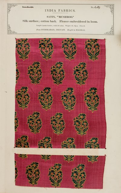 Mushroom satin prøve fra Hyderabad i Deccan, fra The Collection of the Textile Manufacturers of India, af John Forbes Watson, udgivet i 1866 af Indian School