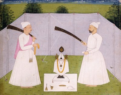 Pandits, der deltager i Balwant Singhs personlige helligdom, ca. 1750 af Indian School