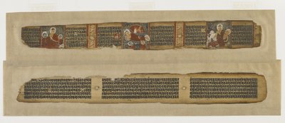 Parinirvana of Buddha, fra et Prajnaparamita-manuskript, Bengal eller Bihar, Pala-Sena-dynasti (ugennemsigtig akvarel og blæk på palmeblad) af Indian School