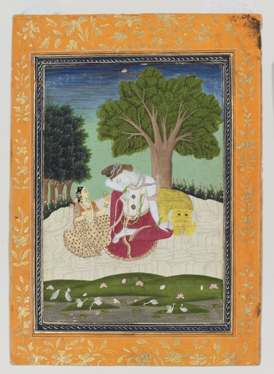 Parvati tilbyder en kop til Shiva, ca. 1800 (ugennemsigtigt wc & guld på papir) af Indian School