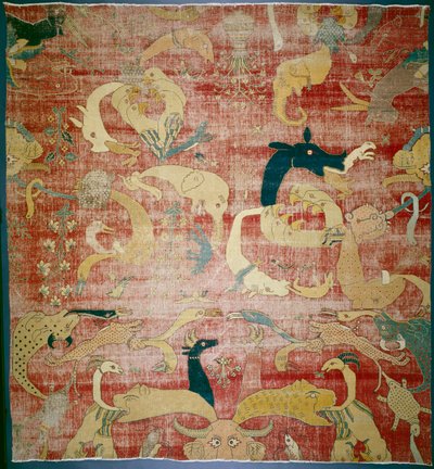 Del af et tæppe med fantastiske dyr på rød grund, Mughal, ca. 158085 (bomulds- og uldbunke) af Indian School