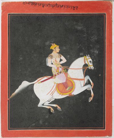 Portræt af Kunwar Baharat Singh til hest, af Utkalrama, indskrevet på toppen og bagsiden i Devanagari, Bundi, Rajasthan, Rajput School af Indian School
