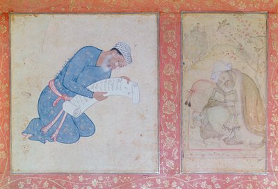Portræt af Min Musavir, der giver et andragende til kejser Akbar af Indian School