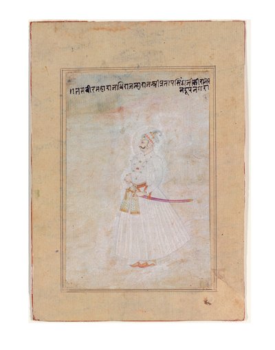 Portræt af en Rajput-lineal, stående, ca. 1770 (ugennemsigtigt wc & guld på papir) af Indian School