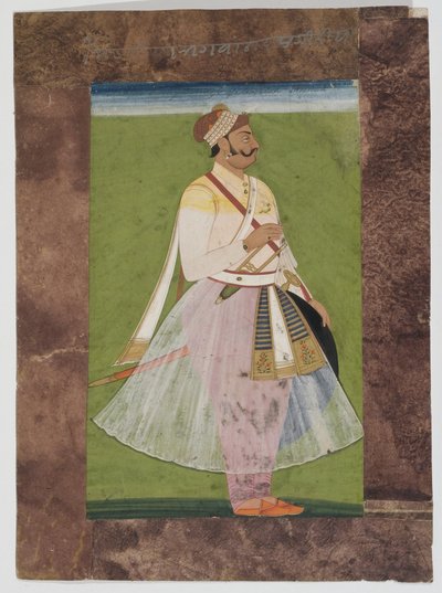 Portræt af Rathor-høvdingen Bhagwan Das, af Mertia-klanen i Rian, Jodhpur, 1820 (monteret gouache på indisk papir med sammensat brunt papirkant) af Indian School
