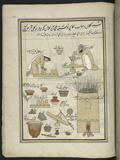 Pottemagere,  86 tegninger indbundet i et bind, der viser håndværk og erhverv i Kashmir, håndværkere vises i arbejde med deres redskaber og udstyr,  Af en Kashmir-kunstner, sandsynligvis i Srinagar, ca. 1850-60 (gouache på papir) af Indian School