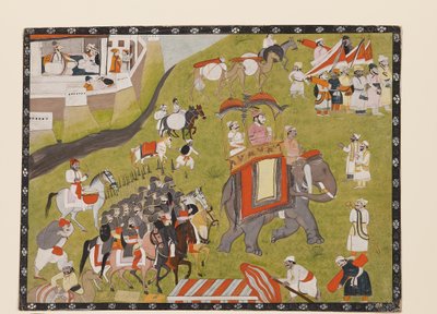 Procession af en Raja på elefant med bevæbnet eskorte og holdere, 2. halvdel af det 19. århundrede (gouache på papir) af Indian School