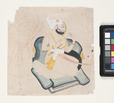 Profil af knælende prins med to ledsagere (penselblæk og akvarel på papir) af Indian School
