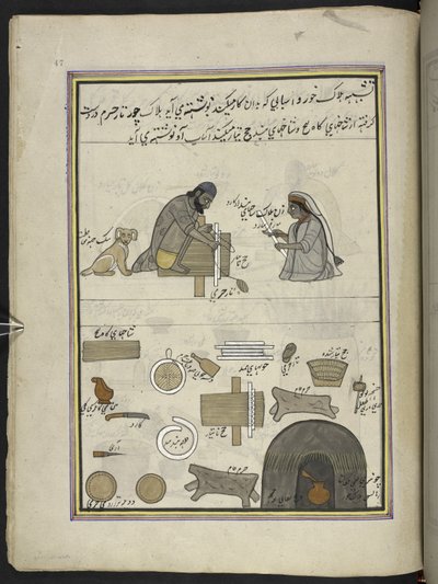 Punkah-magere,  86 tegninger indbundet i et bind, der viser håndværk og erhverv i Kashmir, håndværkere vises i arbejde med deres redskaber og udstyr,  Af en Kashmir-kunstner, sandsynligvis i Srinagar, ca. 1850-60 (gouache på papir) af Indian School