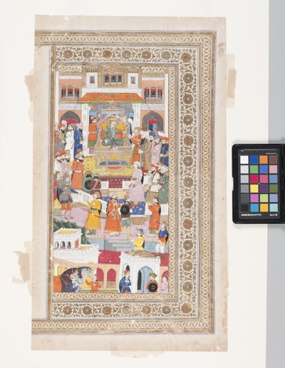 Raja With Courtiers (pen, blæk, gouache og bladguld på pergament) af Indian School