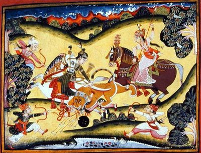 Rajput Princesses Killing a Lion, Bundi School, ca. 1810-20 (gouache på papir) af Indian School