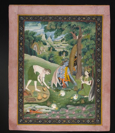 Rama, Lakshmana og Sita laver mad og spiser i vildmarken, ca. 1820 (gouache med guld på papir) af Indian School