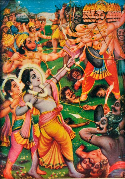 Rama og Hanuman kæmper mod dæmonen Ravana, scene fra Ramayana af Indian School