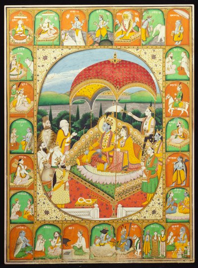Rama og Sita Enthroned, tilbedt af Shiva, Hanuman og andre, 1800-20 af Indian School