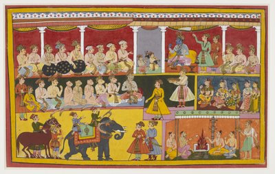 Rama lytter til Lava og Kusha, der synger Ramayana, sammen med aberne og Vibhishana. af Indian School