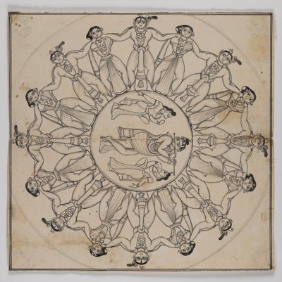 Rasa-lila (Tegning) (blæk & let blækvask på papir) af Indian School