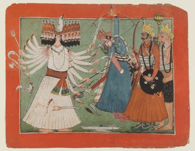 Ravana udfordrer Ramas hær, ca. 1750 (ugennemsigtig akvarel på papir) af Indian School