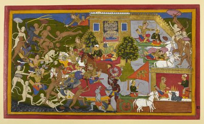Rāma og hans allierede angriber dæmoner, mens Indrajit udfører et usynlighedsritual. af Indian School