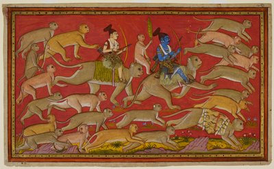 Rāma organiserer sin hær af aber og bjørne, med Hanumān som sin rytter og Lakṣmaṇa på Aṅgada. ca. 1653 (miniature) af Indian School