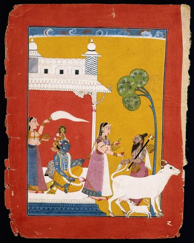 Rukmini tilbyder vand til vismanden Narada, mens hendes ægtefælle Krishna sidder i hendes hus, ca. 1725-1730 af Indian School