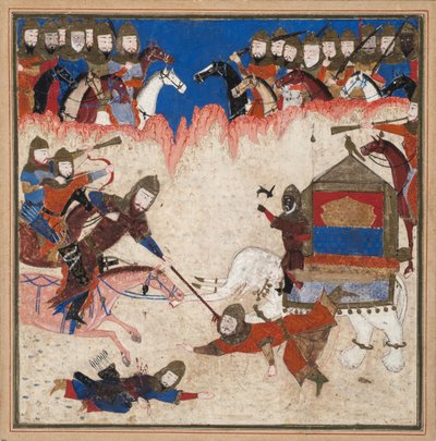 Rustam lassos Khaqan fra Kina og trækker ham fra sin elefant, ca. 1450 (ugennemsigtigt wc & guld på papir) af Indian School