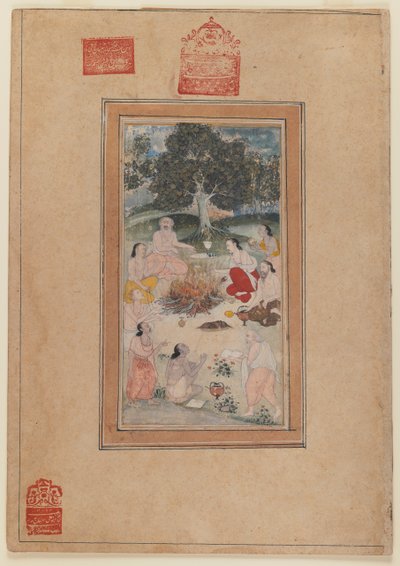 Sadhus samlet omkring et bål, ca. 1600 (wc på papir) af Indian School